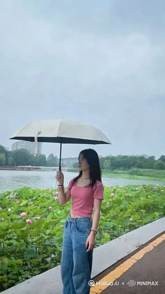 [左摇,变焦推进]高冷漂亮的女孩在湖边散步，往前面走， by Hailuo AI Video Generator