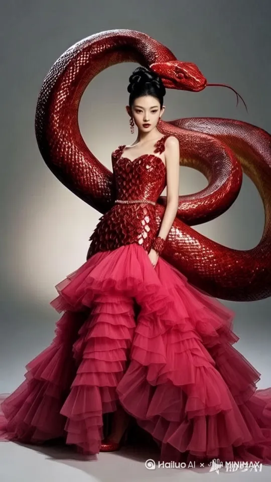 模特高贵的走秀，背后的蟒蛇喷出红色的烟雾，烟雾缭绕 by Hailuo AI Video Generator