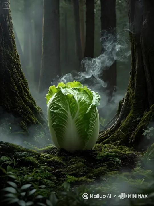 森林间朦胧细雨与缭绕烟雾交织，一颗生菜宛如活物，叶片以微妙韵律轻轻摆动，仿佛正缓缓迈向含苞待放时刻，凸显中式怪诞，达电影级画质水准。 by Hailuo AI Video Generator