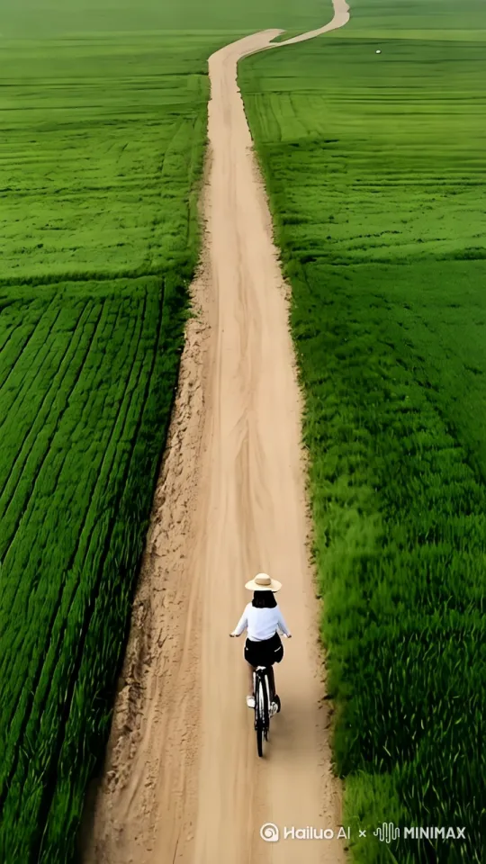 场景描述：晴朗的农村土路蜿蜒穿过绿油油的麦田，道路尽头消失在地平线。主体描述：戴草帽穿白色衬衫的年轻女性骑着老式自行车。动作描述：自行车匀速前进，航拍镜头，慢镜头，视觉风格：画面整体不动，人物骑车匀速前进，自然光效的田园风光，使用鲜艳的饱和色彩突出麦苗的翠绿和天空的湛蓝。氛围：充满生机的春日气息，微风拂动麦浪，远处传来鸟鸣声。技术细节：，60fps帧率，中景到远景的层次景深。 by Hailuo AI Video Generator