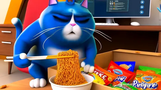 一只蓝色的胖猫，他有手有脚坐在电脑桌面前吃火鸡面，电脑桌下面有一个纸盒，纸盒里面有各种个样的辣条 by Hailuo AI Video Generator
