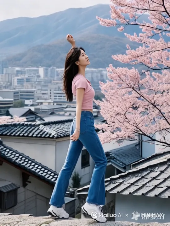 美女纵身一跃，迅速跳到瓦房的屋顶，欣喜地看着漫山遍野的烂漫樱花，动作丝滑敏捷 by Hailuo AI Video Generator