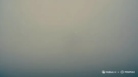 一片平静的湖面上弥漫着大雾，镜头慢慢穿过雾气，看见水中一间茶室，茶室不大，禅意十足，仅有一小窗透着光。 by Hailuo AI Video Generator