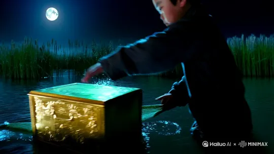 钱塘江畔的芦苇荡里，渔家子水生总在月圆夜听见女子哼曲。这夜他撒网时捞起个描金漆盒，盒中躺着枚青玉螺，螺口沾着暗红血渍。

"郎君拾了奴家的胭脂盒呢。"薄雾中驶来乌篷船，撑篙的素衣女子发间别着白芙蓉。水生慌忙递还漆盒，却见女子赤足缠着锈迹斑斑的锁链，船头纸灯笼映出"往生渡"三个朱砂字。

三日后瘟疫突袭渔村，水生高烧中攥着青玉螺昏睡，恍惚见女子在床畔剜下心头血滴入药碗。晨起病愈冲出门，只见江边飘着半截断裂的锁链，老艄公指着水面惊呼："昨夜子时有阴差追着个白衣姑娘往出海口去了！"

水生怀揣玉螺追至入海口，礁石群中浮着破碎的乌篷船。白发巫婆杵着蛇头杖嘶声道："那摆渡女原是镇海将军之女，百年前为救落难船队，私斩锁妖链化作渡魂舟，永世不得轮回。"

惊涛骤起时，玉螺发出幽光。水生循着光芒潜入海底，见珊瑚丛中囚着虚弱的女子，九根透骨钉贯穿她的灵体。"莫碰透骨钉！"女子厉喝却已迟了，水生徒手拔出第一根钉，掌心顿时皮开肉绽。

"你每拔一钉，便折寿十年。"女子周身锁链哗哗作响。水生却笑着拔出第二根："姑娘为苍生舍了轮回，我舍几十年阳寿算什么？"

当第九根透骨钉化作黑烟消散，滔天巨浪中升起百丈高的锁妖链。水生将玉螺按在渗血的掌心，竟幻化出当年将军府的除魔剑。剑光斩落瞬间，海底传来万千怨魂的哀嚎——原是当年沉船冤魂化作海瘴，此刻方得超度。

晨曦穿透海雾时，乌篷船完好无损地漂在浅湾。船头女子发间芙蓉愈发娇艳，足间锁链已成粼粼波光。"公子可愿与我共掌渡魂舟？"她笑着递来半块青玉螺。自此钱塘渔民常见双人身影穿梭风浪，遇险船只总在迷雾中得见一盏朱砂灯笼。

二十年后的寒露夜，水生独坐船头抚摸着全白的鬓发。东南方骤现血色漩涡，他将玉螺交给跪泣的徒儿，纵身跃入漩涡中心。次日徒儿在船头拾得并蒂芙蓉，听到空中传来螺号声，悠长得像一声叹息。 by Hailuo AI Video Generator