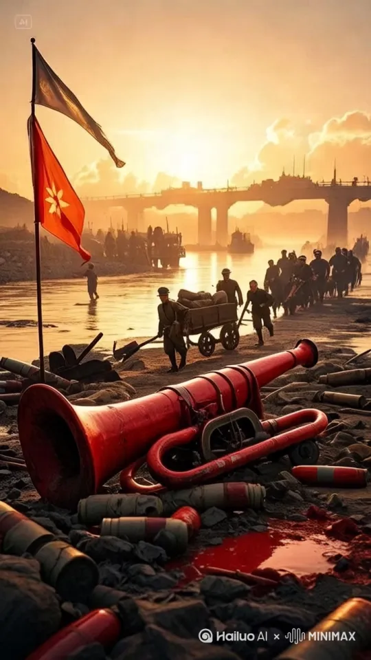 symbolic victory composition, blood-stained bugle on shell casings foreground, civilian logistics corps with handcarts midground, military engineers building pontoon bridge background, broken KMT flag sinking in river, golden sunrise through smoke, cinematic color grading with high saturation red tones by Hailuo AI Video Generator