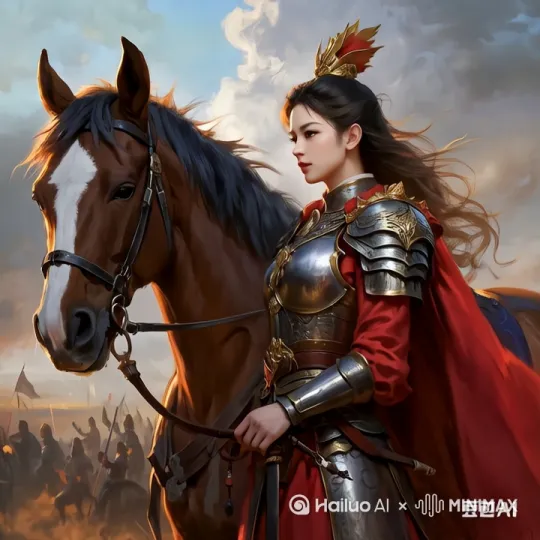 史诗战争场景，一位英姿飒爽的女将军身着红银相间的华丽盔甲，准备翻身上马。她的盔甲在微弱的天光下闪烁着金属光泽，面部表情坚定，眼神锐利。马匹毛色油亮，肌肉线条流畅，安静地等待着主人的指令。背景是一片混乱的战场，士兵们挥舞武器，尘土飞扬，浓厚的云层遮蔽了天空，只透出一抹柔和的光线。女将军轻盈地跃起，矫健地翻身上马，马匹随即扬蹄欲奔，展现出一股即将冲向战场的英勇气势。镜头拉远，拍到完整动作 by Hailuo AI Video Generator