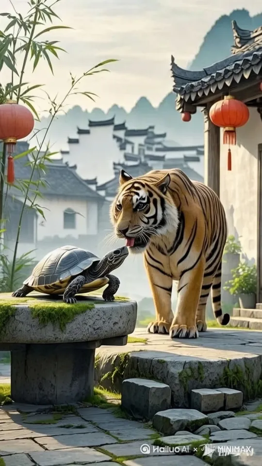 老虎伸出舌头和乌龟亲嘴，结果乌龟咬住老虎的舌头拼命拉扯，老虎恼羞成怒把乌龟用中国功夫给揍了一顿，周围吃瓜群众连连拍手，老虎戴着墨镜得意的坐着飞机离开了 by Hailuo AI Video Generator