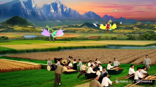 [左移,推进,右摇]《颂青龙》
五谷丰登乾隆年 锣鼓喧天百姓欢。
玉皇天庭传圣旨 派下青龙到人间。
详察人间善与恶 普度民生保平安。
龙王拜接玉皇令 祥云凤辇王屋山。
王屋山下有勋掌 青山绿水好风光。
山好水好人更好 男耕女织信佛道。
神犬对天长声笑 玉兔报喜青龙到。
勋掌仙人排香案 龙王落架好逍遥。
青冠青衣坐下青 步将层层烈马兵。
金瓜月府朝天蹬 短剑长枪好威风。
青色蟒袍扎玉带 清风彩霞黄伞盖。
笙歌燕舞彩云飘 瑞气霞光百里照。
三缕长须飘飘然 手拿笏板到人间。
左边站着传令兵 右边夜查保护神。
自从青龙坐勋掌 空调雨顺禾苗壮。
妖魔鬼怪不敢侵 降妖镇邪保安康。
忽然一日龙显圣 腾云旋架飞东南。
一路走来一路看 心花怒放好清闲。
刹时来到东临泉 依山傍水好庄园。
平台之上落凤辇 台下清潭水生欢。
哗哗流水起瀑布 好似龙宫在眼前。
沐浴有着大浪水 洗脸有那青龙潭。
左边满山长松柏 右边百花展笑颜。
凡间人要好风水 神仙修炼选仙境。
龙王见景心高兴 坐落此地建龙宫。
朝东能见孟州城 抬头一眼望济源。
百姓一见心高兴 庄名就改青龙沟。
孟州济源龙王护 世世代代做亲朋。
俺接来了您接走 百里水路显威名。
二月初二龙抬头 摆下香案敬青龙。
两台大戏对着唱 姥爷坐上大显灵。
风调雨顺保太平 安居乐业五谷丰。
济孟情谊长流远 世世代代往下传。[右移,下降,跟随] by Hailuo AI Video Generator