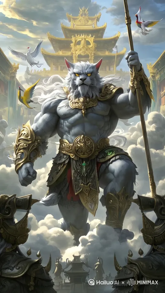 为了将这张图片中的内容转化为一部电影级别的特效场景，我们需要从多个方面入手，包括运镜效果、动作设计、表情细节以及整体氛围的营造。以下是详细的描述：

### 运镜效果
1. **开场镜头**：从云层下方缓缓升起，逐渐展现出一个巨大的金色宫殿，宫殿在阳光下熠熠生辉。随后镜头向上倾斜，聚焦于宫殿顶部的精美雕刻。
2. **推进镜头**：镜头逐渐推进，穿过云层，进入宫殿前广场。此时，画面中出现几只飞鸟，增添了动态感。
3. **环绕镜头**：镜头围绕宫殿旋转，展示其宏伟的全貌。随后镜头转向主角，一个巨大的狼人战士，手持长矛，站在宫殿前。
4. **特写镜头**：镜头特写狼人的面部，展示其威严的表情和锐利的眼神。接着镜头向下移动，展示其强壮的身躯和华丽的铠甲。

### 动作设计
1. **狼人战士**：狼人战士的动作设计要充满力量感。他可以缓慢抬起长矛，展示其肌肉的力量。随后，他猛地一挥长矛，掀起一阵狂风，吹动周围的云层。
2. **飞鸟**：几只飞鸟在狼人战士周围盘旋，时而飞近，时而飞远，增加了画面的动态感。
3. **云层**：云层在狼人战士的动作下缓缓流动，仿佛被他的力量所驱动。

### 表情细节
1. **狼人战士**：他的表情要表现出威严和坚定，眼神锐利，仿佛在守护着身后的宫殿。他的嘴角微微上扬，展示出一种自信和从容。
2. **飞鸟**：飞鸟的表情要灵动，展示出一种自由和活力。

### 整体氛围
1. **光影效果**：利用光影效果，增强画面的立体感和层次感。金色的宫殿在阳光下闪闪发光，云层在光线的照射下呈现出不同的层次。
2. **音效**：加入震撼的背景音乐，配合狼人战士的动作和飞鸟的飞舞，营造出一种史诗般的氛围。可以加入风声、云层流动的声音，增强画面的真实感。

通过以上这些详细的描述，我们可以将这张图片转化为一部电影级别的特效场景，让观众感受到震撼和视觉的冲击力。[右移,跟随,推进] by Hailuo AI Video Generator