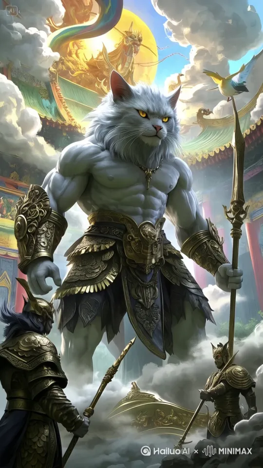 这张图片描绘了一个极具震撼力的场景，如果要将其中所有内容都动起来，并达到电影级别的特效效果，可以从以下几个方面入手：

1. **动态场景构建**：
   - **云层**：云层应该缓慢地移动，给人一种漂浮在天际的感觉。可以加入一些云雾缭绕的效果，增加神秘感。
   - **飞鸟**：画面中的飞鸟应该在空中自由翱翔，动作轻盈优雅。可以加入一些翅膀拍动的细节，使其看起来更加真实。
   - **巨龙**：背景中的巨龙可以在空中盘旋，龙鳞在阳光下闪烁，龙尾在空中划出优美的弧线。可以加入一些龙息的效果，增加其威严感。

2. **角色动作设计**：
   - **猫神**：猫神作为主要角色，应该展现出强大的力量感。动作可以包括挥动武器、转身、凝视远方等，每一个动作都应该充满力量感和威严感。可以加入一些肌肉的细微抖动，使其看起来更加真实。
   - **士兵**：士兵的动作应该展现出战斗的准备状态。可以设计一些挥动武器、警戒四周的动作，动作要迅速有力。可以加入一些盔甲碰撞的声音效果，增加战斗氛围。

3. **特效处理**：
   - **光影效果**：利用光影效果突出角色的立体感和力量感。可以加入一些光晕效果，特别是在猫神和巨龙周围，增加神圣感和威严感。
   - **粒子效果**：在一些关键动作中加入粒子效果，比如挥动武器时产生的尘土、巨龙飞行时产生的风压等，增加画面的动态感和真实感。
   - **音效设计**：配合画面动作加入适当的音效，比如风声、云层移动的声音、飞鸟的鸣叫声、武器碰撞的声音等，增强观众的沉浸感。

4. **运镜效果**：
   - **全景展示**：一开始可以用全景镜头展示整个场景，让观众有一个整体的印象。
   - **特写镜头**：然后切换到角色的特写镜头，突出角色的细节和表情。比如猫神的眼神、士兵的盔甲细节等。
   - **动态镜头**：在一些关键动作时使用动态镜头，比如猫神挥动武器时镜头跟随动作移动，增加动作的冲击力。
   - **俯视镜头**：在一些场景转换时使用俯视镜头，展示整个场景的布局和动态，增加画面的层次感。

通过以上几个方面的处理，可以让这幅图片中的内容都动起来，达到电影级别的震撼效果，吸引观众的眼球。[左移,推进,右摇] by Hailuo AI Video Generator