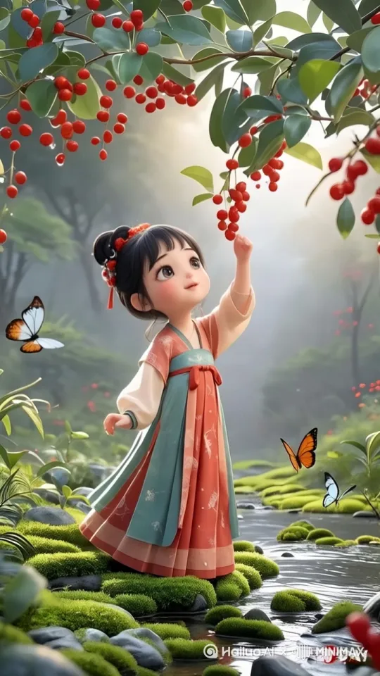 [推出,上升,下摇]人物很开心的看着树上的红豆，动作很自然，蝴蝶围绕着小女孩飞舞，溪水潺潺流动，枝叶随风摆动 by Hailuo AI Video Generator