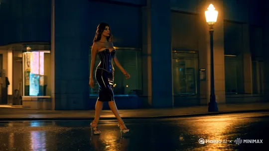 乳胶衣女人穿着高跟鞋束腰走在夜间大街上 by Hailuo AI Video Generator