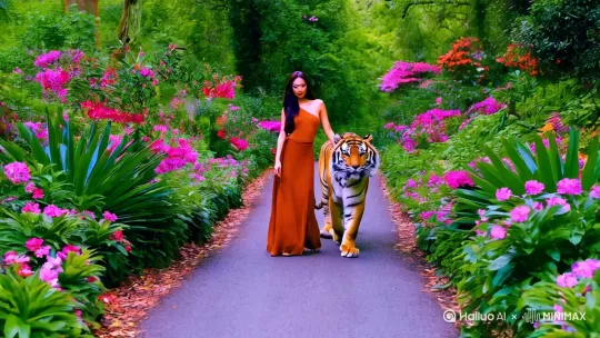 一个亚洲美女，长发，穿着性感，身材火辣，带着一只老虎，显示美女和老虎的正面，走向镜头，漫步在森林的小路，两边开满了奇花异草，电影质感，画面高清，[推进,上升] by Hailuo AI Video Generator