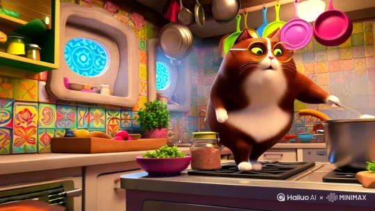 带着眼镜的胖猫在特色厨房煮菜。 by Hailuo AI Video Generator