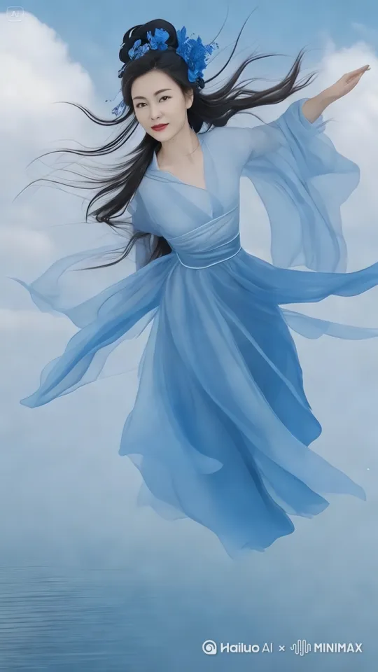 让图中的美女自由的在天空中飞行，快速的向前飞行，穿越云海，镜头跟随美女，衣服和头发随风飘动 by Hailuo AI Video Generator