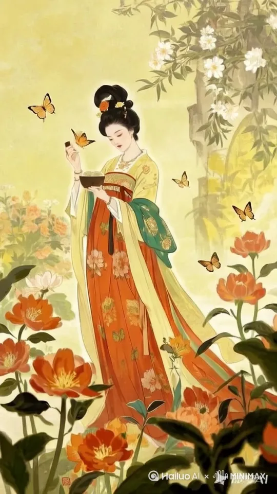 蝴蝶翩翩起舞美女身姿摇曳在花丛中慢行 by Hailuo AI Video Generator