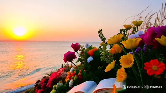 夕阳，鲜花，书本，治愈系，壁纸护眼，高清晰度，海边，海风，舒适悠闲 by Hailuo AI Video Generator