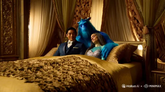 一个穿西装的亚洲男人，一只蓝色长毛怪兽，一条美人鱼，他们三个共同睡在一张大床上 by Hailuo AI Video Generator