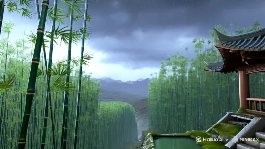 远景·缓推]
苍青的天幕低垂，墨色云絮贴着远山游走。竹林在风中伏成波浪，簌簌声如潮水漫过山谷，一顶孤亭悬在竹涛之上，飞檐翘角刺破雨雾，恍若泊在灰绿色汪洋中的古舟。
[中景·横移]
镜头掠过湿漉漉的竹节，雨水顺叶脉聚成银线，坠入石阶上的小潭。亭内褪色的木栏蒙着水光，苔痕在柱脚晕开暗绿的涟漪，石桌上半盏冷茶泛起细纹——风穿亭而过，携走几片竹叶，却把潮湿的叹息留在空椅。

[特写·慢镜头]
竹枝倏然折腰，甩出一串晶亮水珠，撞上铜铃的刹那（叮——），雨丝在铃铛表面碎成雾霭。镜头追着一滴雨沿亭檐游走，最终落进竹根盘错的缝隙，泥土中冒出三两嫩笋尖，覆着绒毛的笋衣正簌簌抖落雨珠。

[空镜·升格]
风暂歇时，整片竹林仍在惯性中颤栗，竹影投在亭壁如晃动的水墨卷轴。忽有鸟雀蹬开积雨的竹梢（扑棱——），千百叶片应声弹起，甩出的水雾在镜头前蒙上瞬息虹光。

*[尾声·渐隐] 
画面收束于一盏摇晃的铜铃，雨声渐弱，铃舌上悬着将落未落的水滴，倒映出亭角与残云纠缠的剪影。字幕浮现：「坐听竹语千重浪，方知雨是天地弦」。 by Hailuo AI Video Generator