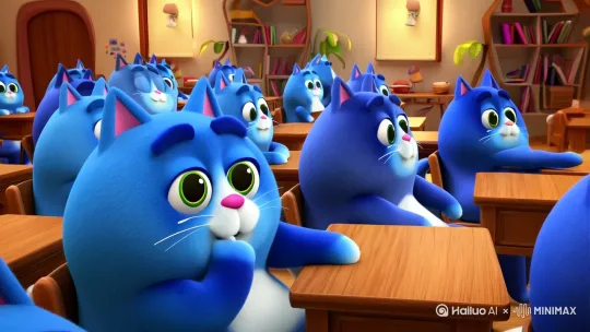 一群蓝色的胖猫在上英语课 by Hailuo AI Video Generator