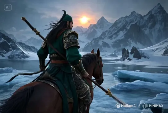 镜头渐渐向后拉，关羽缓慢的向前走，镜头向左向后移 by Hailuo AI Video Generator