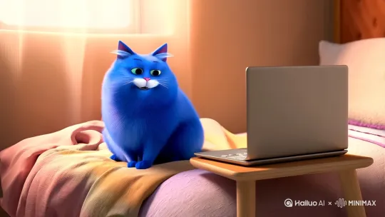 一只蓝色的胖猫坐在床上玩床上的放在桌子上的电脑 by Hailuo AI Video Generator