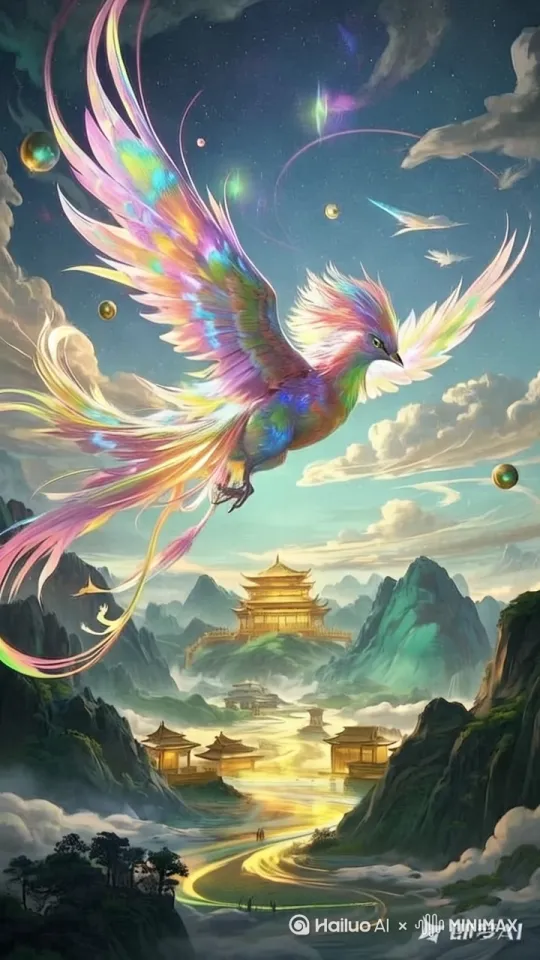 镜头慢慢的向右转，向上拉，凤凰扇着翅膀在向上飞 by Hailuo AI Video Generator