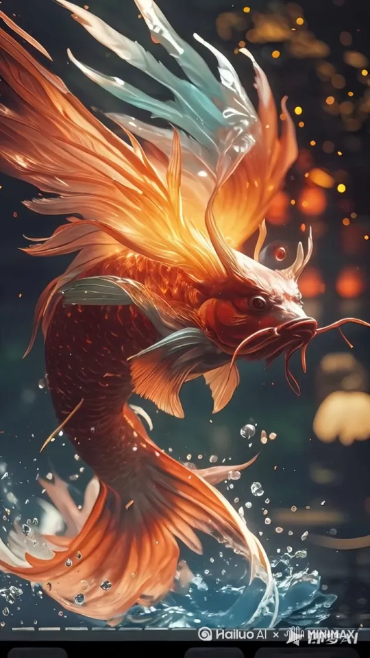 图片主题摆动尾巴，溅起起大水浪，口喷火焰，空中跳跃翻身跳入水里 by Hailuo AI Video Generator