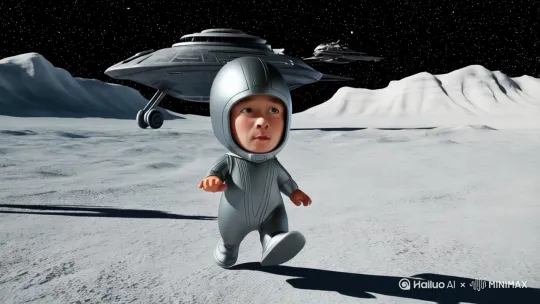 This man is a small dwarf and he walks on the moon surface with the spaceship,aliens and stars in the background. by Hailuo AI Video Generator
