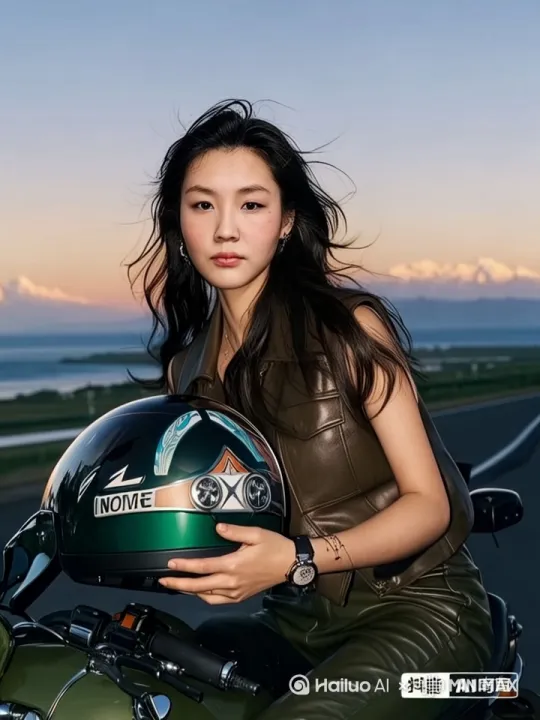 女主骑着摩托车在路上行驶 by Hailuo AI Video Generator