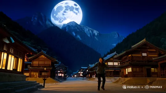 超高清模式黑夜里东北特色的山村古色古香的建筑，毗邻大山，大山中有茂密的森林，村中大街上有人被恐怖的鬼火吓到惊慌失措，天空一轮大大的明月显着十分诡异。 by Hailuo AI Video Generator