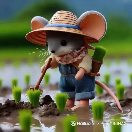 [左移,右摇,跟随]小老鼠正在插秧苗 by Hailuo AI Video Generator
