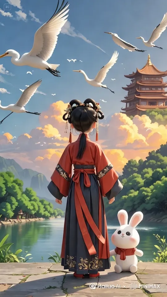 女孩儿表情自然目视前方，丝带衣服裙摆被风吹动。鸟在慢慢向前飞走[推出,上升,下摇] by Hailuo AI Video Generator