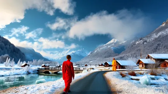 一个小和尚走在路上，风景有雪山有雾凇，有溪流有小桥有人家，浮云如梦，开悟的智者。运镜有远即进。 by Hailuo AI Video Generator