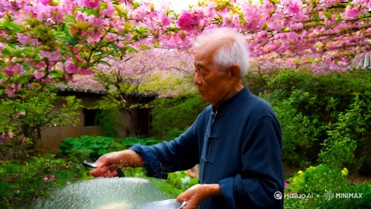 田园小院，桃花盛开，老头浇花，老太太摘菜，其乐融融 by Hailuo AI Video Generator