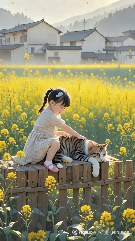 猫咪突然飞起来，驮着小女孩向右上方快速飞去，镜头右移跟随。 by Hailuo AI Video Generator