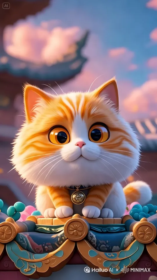 - 大橘猫的特写圆脸，占据整个画面，橘猫的琥珀色眼瞳中清晰映着发光铃铛的倒影。
 
- 紧接着，画面背景开始后拉，逐渐露出中式[拉远]古旧的屋檐作为背景 by Hailuo AI Video Generator