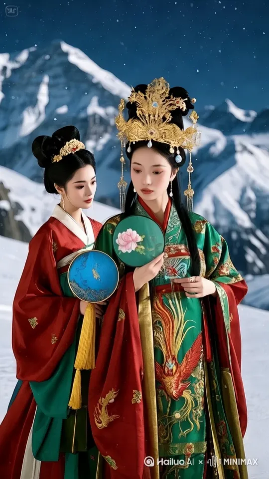 红衣女子拿出一只烧鸡放到绿衣女子口中 by Hailuo AI Video Generator