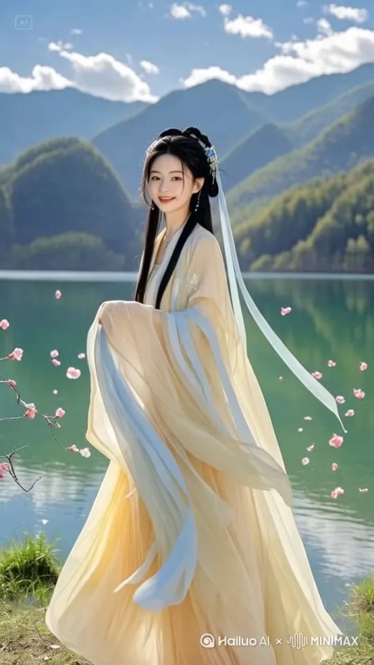 美女飞到空中，悬浮在低空向前飞行，快速向前飞行，穿越在云海。编辑俯拍捕捉飞行。我跟随。 by Hailuo AI Video Generator