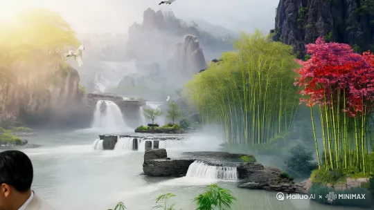 电影全景超现实写真风格：在一个山清水秀.云雾缭绕的地方煮茶，近景特写倒茶水的动作流程，丰富的细节，64K，神话修仙世界，东方幻想，东方元素，云雾缭绕远处高山流水，瀑布飞鸟，竹林繁花朦胧，明艳，大面积低饱和色彩配合高饱和红蓝色。超现实主义，令人人深思的作品。高级，禅意，柔光，东方水墨艺术手法，宁静神秘有趣。 by Hailuo AI Video Generator