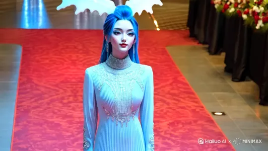 敖闰，她站在室内的首映礼红毯上，抬着头看着上方镜头，蓝色的长发，额头上有对他身穿冰川蓝色高领褶皱长裙，点缀施华洛世奇水品，白色的龙角，红色眼睛，佩戴大胆的宣言式珠宝，慢慢的走向镜头，并转身朝着镜头撩起发丝，微笑。 by Hailuo AI Video Generator