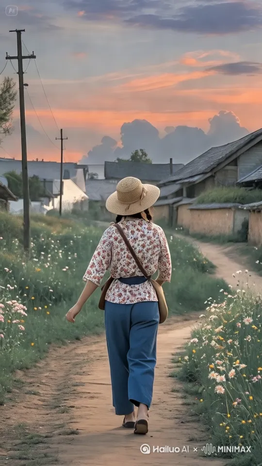 村姑走在乡村土路上，两手臂前后自然摆动，步伐自然，画面稳定，不变形 by Hailuo AI Video Generator
