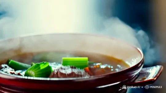 一个火锅，牛丸跳出锅外，举起一根青菜打向土豆（慢动作），土豆被打出锅外，面目扭曲 by Hailuo AI Video Generator