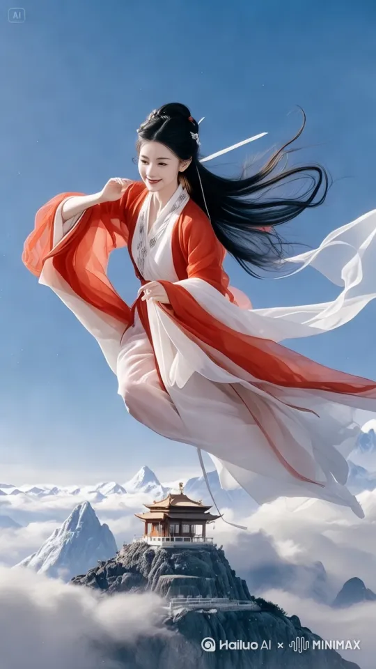 让图片中的美女在天空中自由的飞行，一直向前飞行，穿越云海，镜头跟随美女拍摄，两手挥动着衣袖，衣服和头发随风飘动，拍摄效果真实高清。 by Hailuo AI Video Generator