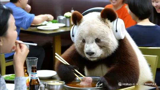 棕色大熊猫七仔，自己带着耳机坐在热闹的火锅店吃火锅，筷子夹起肉放在嘴里吃，桌上除了菜，还有几个空啤酒瓶，周边很热闹坐满了人，形成鲜明对比，显得它很孤独。 by Hailuo AI Video Generator