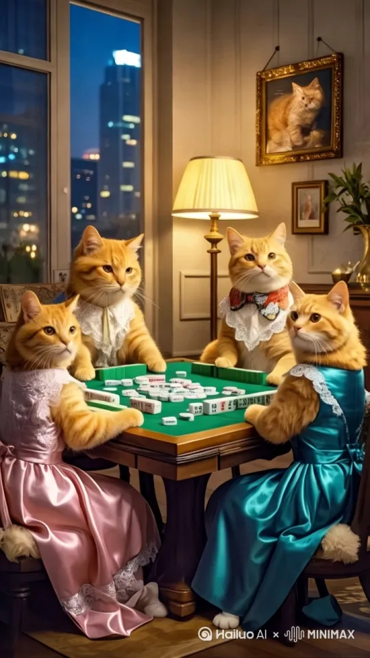 四只拟人化的橘猫在打麻将，自然过渡，自然顺畅。 by Hailuo AI Video Generator