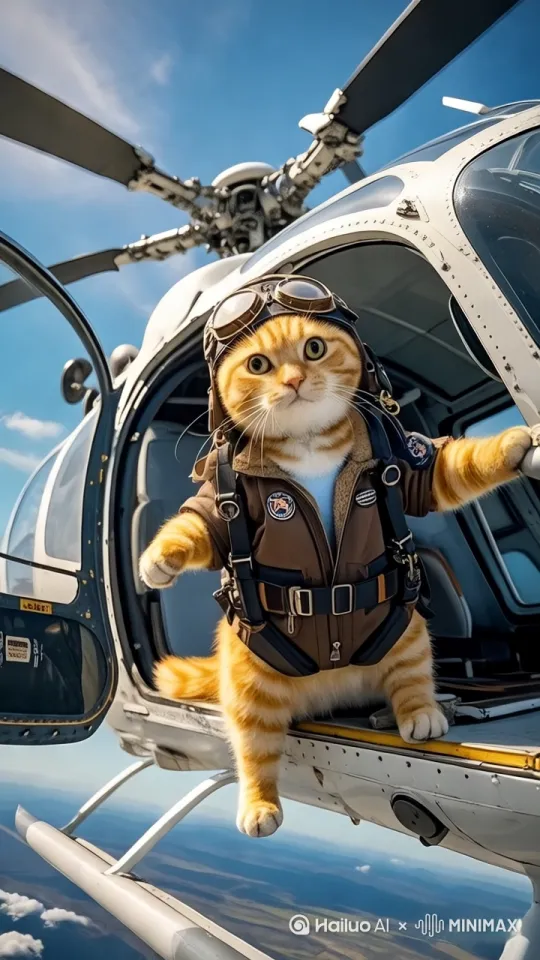 身后旋翼急速旋转，橘猫纵身一跃从直升机跳下，挑战万米高空极限。背景是壮阔的蓝天白云，广角镜头捕捉这一瞬间，强调动作的震撼与自由飞翔的快感。 by Hailuo AI Video Generator