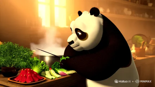 熊猫在厨房做饭 by Hailuo AI Video Generator