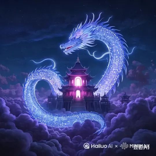 [左移,推进,右摇]巨龙在天空中飞舞盘旋，展现出磅礴的气势。电影质感 by Hailuo AI Video Generator