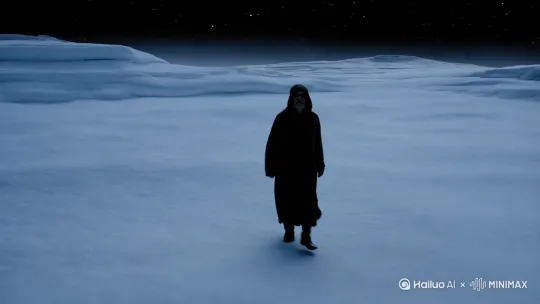 一个乞丐独自在冰冻星球上行走，抬头看着漫天星辰[推出,上升,下摇] by Hailuo AI Video Generator